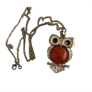 Owl simulated diamond rhinestones gem black gold chain necklace